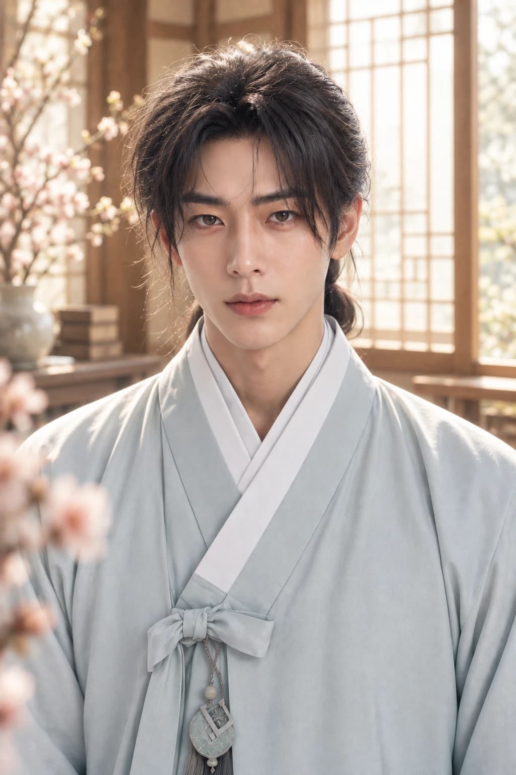 Hwayun, our fictional Korean saju reader, in a sunlit study