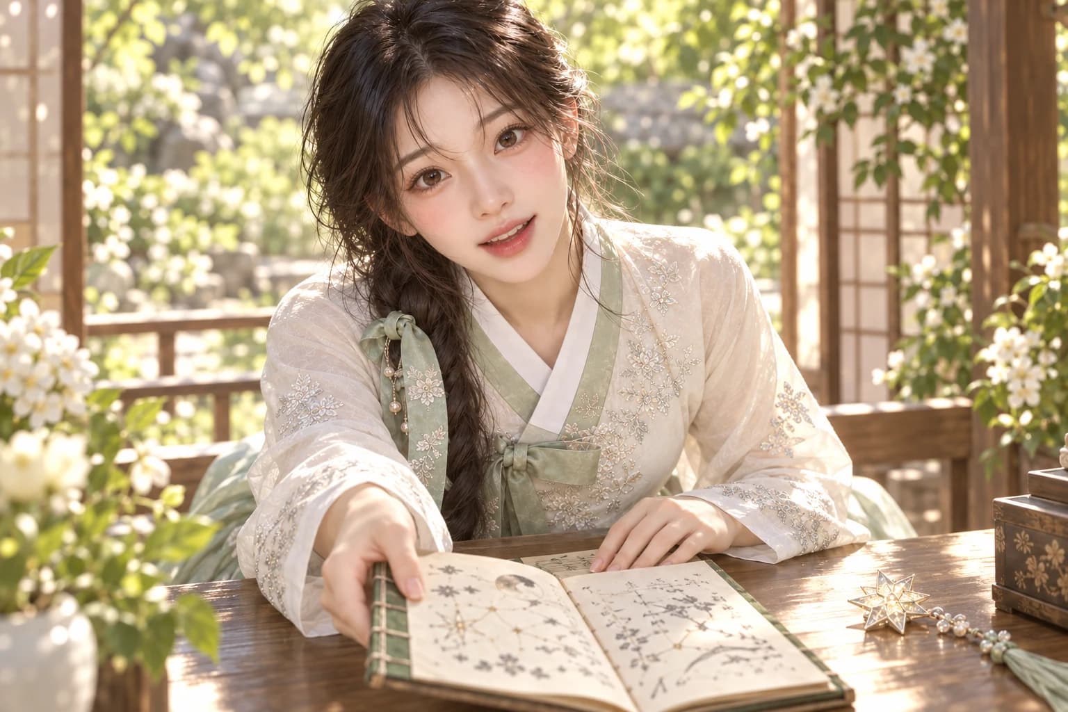 소린이 밝은 정원 서재에서 펼친 원고를 건네는 장면
