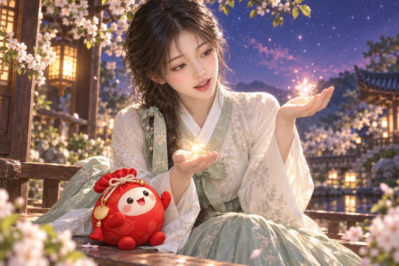 소린이 두 손에 놓인 별을 비교하고 복영이 소매 곁에서 들여다보는 장면