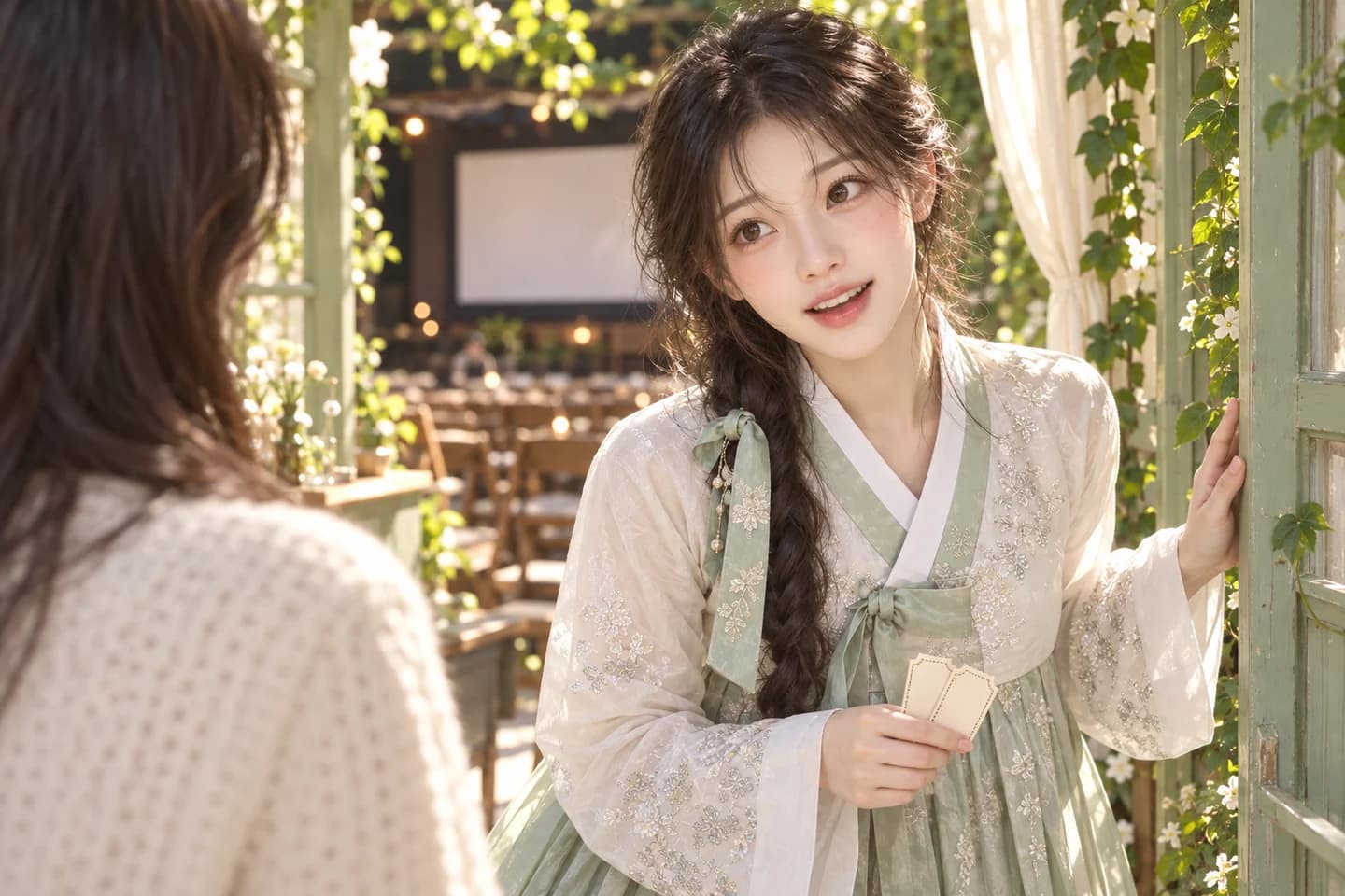 정원 영화관 입구에서 소린이 두 장의 표를 들고 곁의 사람에게 말을 건네는 장면