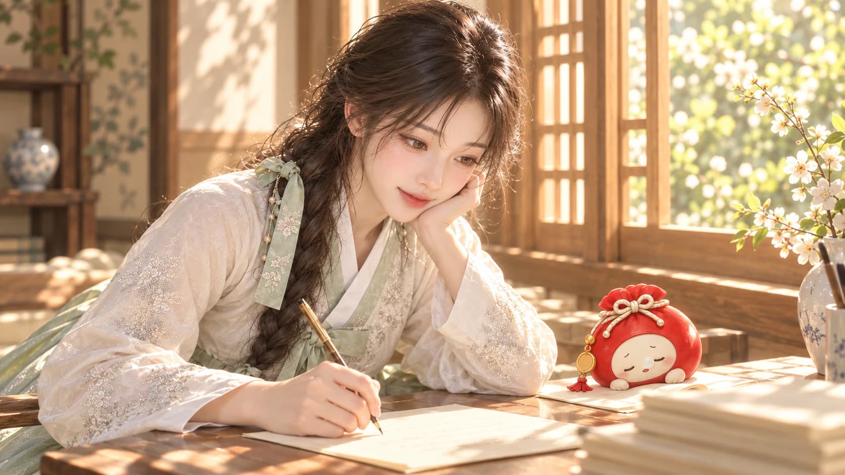 소린이 밝은 창가에서 글을 적고 복영이 곁에서 읽는 장면