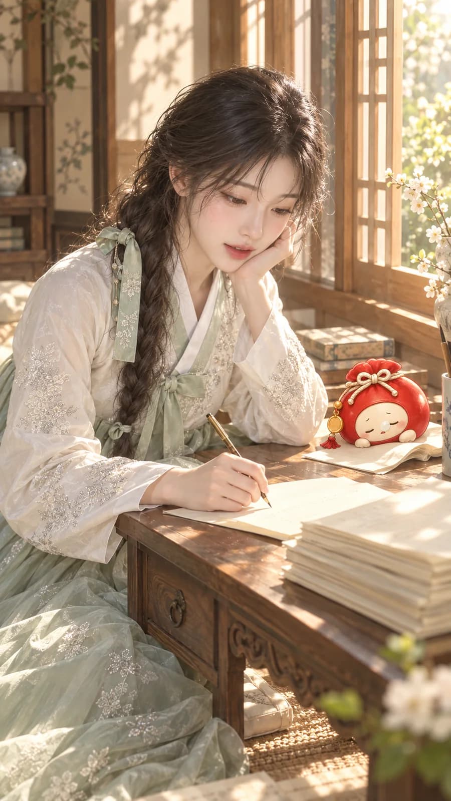 볕 드는 책상에서 글을 쓰는 소린과 잠든 복영